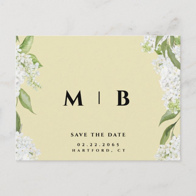 White Floral Yellow Monogram Wedding Save Date  Postcard (Front)
