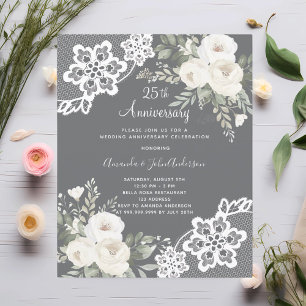 White florals 25th wedding anniversary invitation