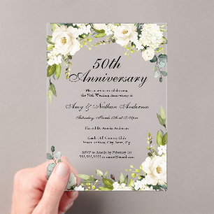 White Florals 50th Wedding Anniversary Acrylic Invitations