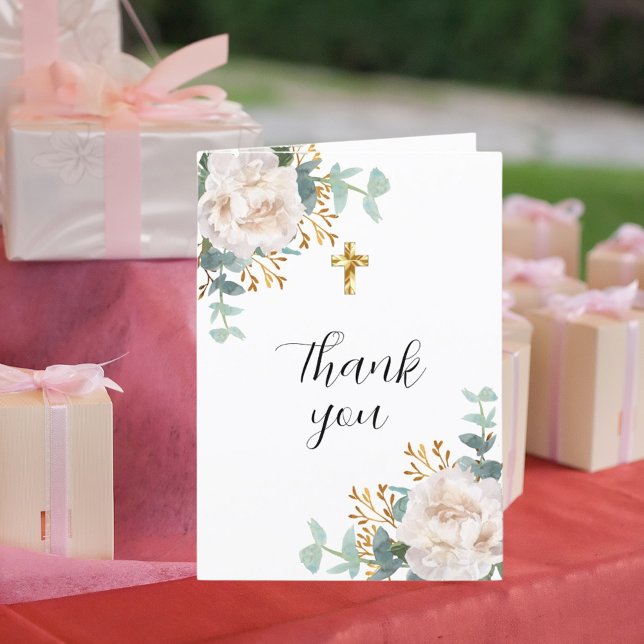 White florals eucalyptus cross photo baptism thank you card (Creator Uploaded)