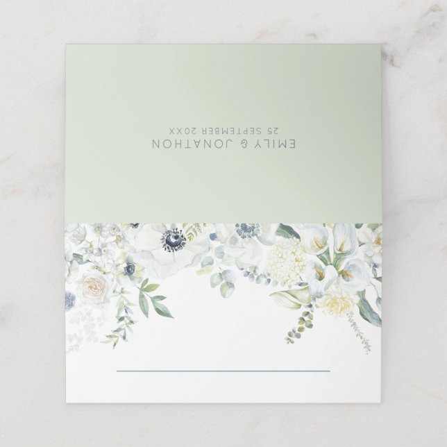 White Florals Eucalyptus Leaf Names Date Wedding Place Card (Outside Unfolded)