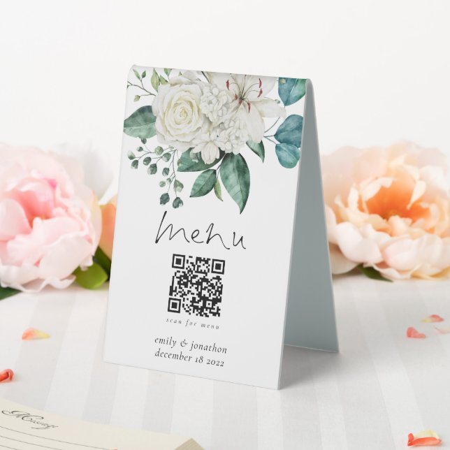 White Florals Eucalyptus Menu Qr Code Wedding (In SItu (Wedding))