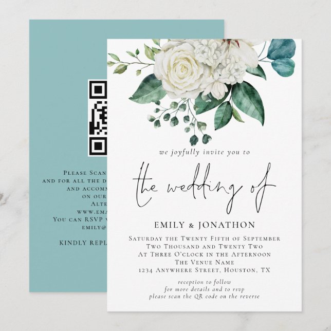 White Florals Eucalyptus QR Code Wedding Invitation (Front/Back)