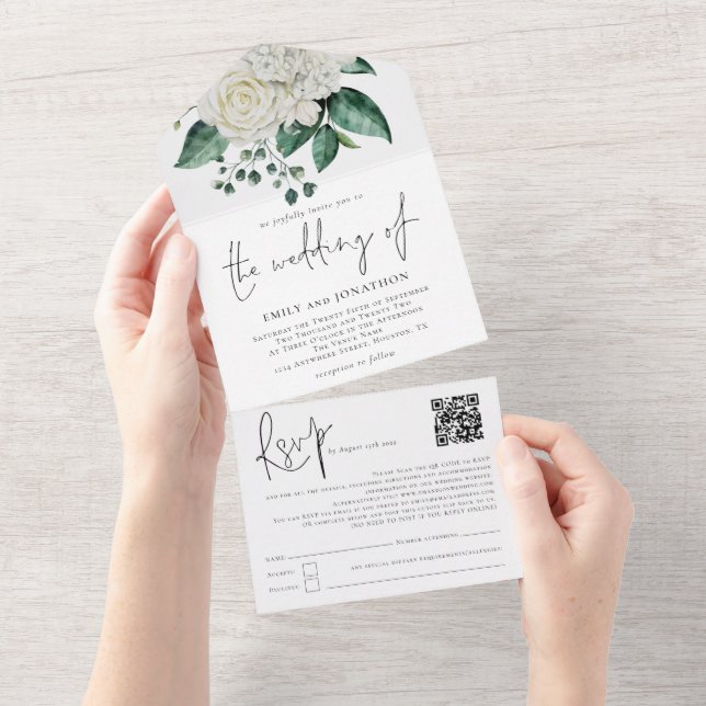 White Florals Foliage QR Code Script Wedding  All In One Invitation (Tearaway)