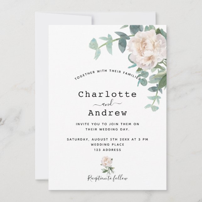 White florals greenery modern elegant wedding invitation (Front)