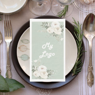 White florals sage green business logo napkin