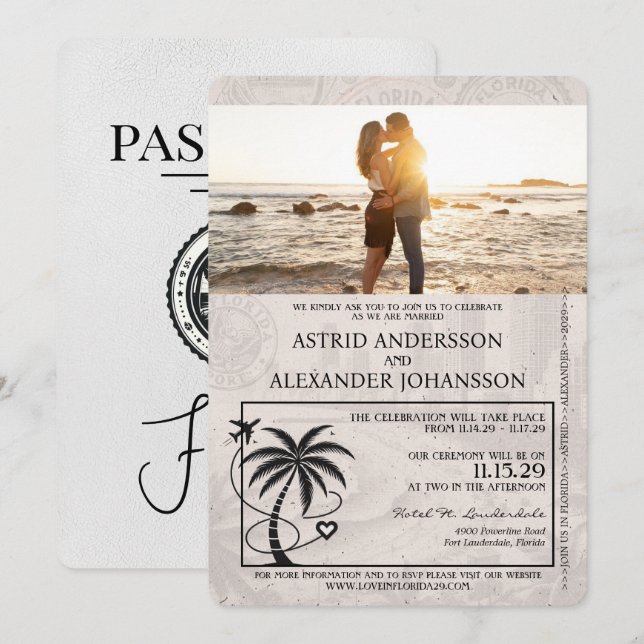 White Florida Passport Wedding Invitation (Front/Back)