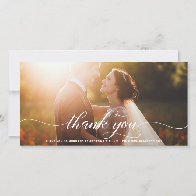 White Flourish Script Wedding Thank You Card (Front)