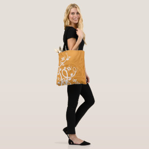White Flourishes Flowers Shadow Curls Over Orange Tote Bag