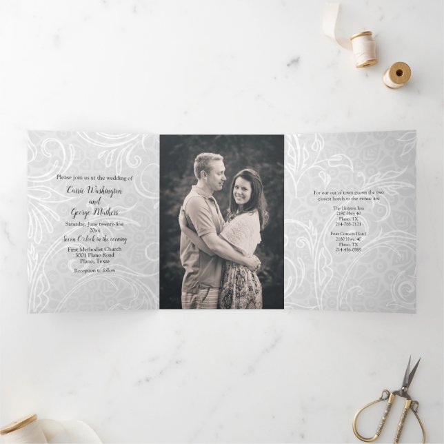 White Flourishes Wedding Tri-Fold Invitation (Inside)