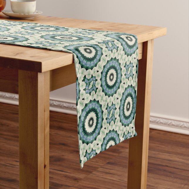 White Flower and Cerulean Blue Mandala Short Table Runner (In Situ)
