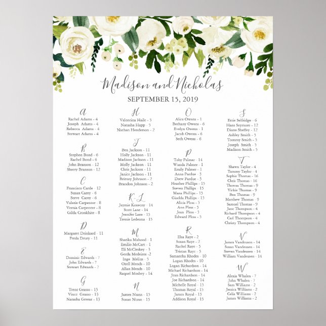 White Flower and Green Alphabetical Seating Chart (Front)