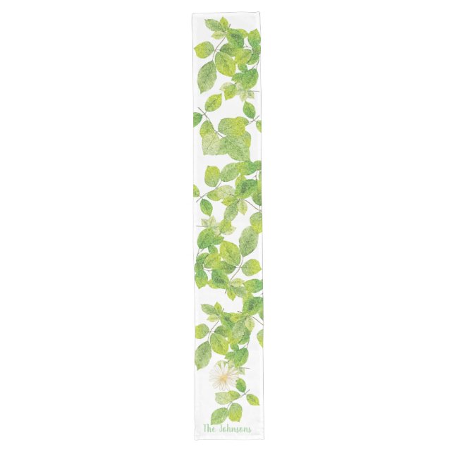 White Flower and Green Leaves Garden Long Table Runner (Front)