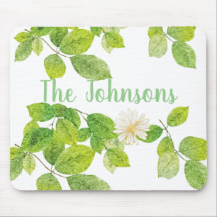 White Flower and Green Leaves Garden Mouse Mat