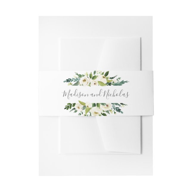 White Flower and Green Wedding Envelope Belly Band Invitation Belly Band (Front Example)