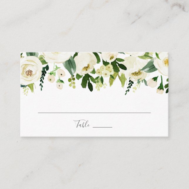 White Flower and Green Wedding Flat Place Card (Front)