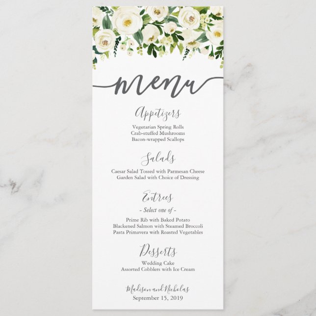 White Flower and Green Wedding Menu Rack Cards (Front)