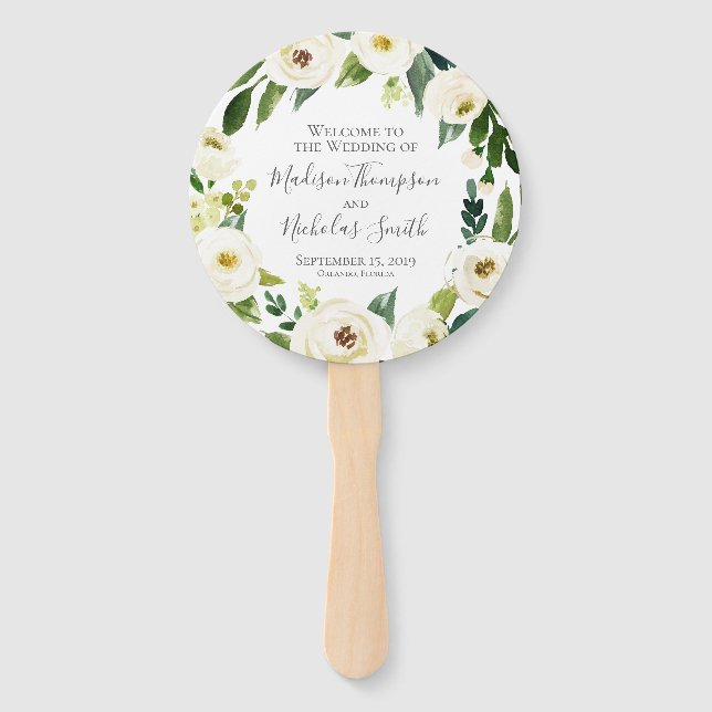 White Flower and Green Wedding Program Circle Fan (Front)