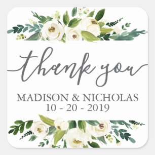 White Flower and Green Wedding Square Stickers