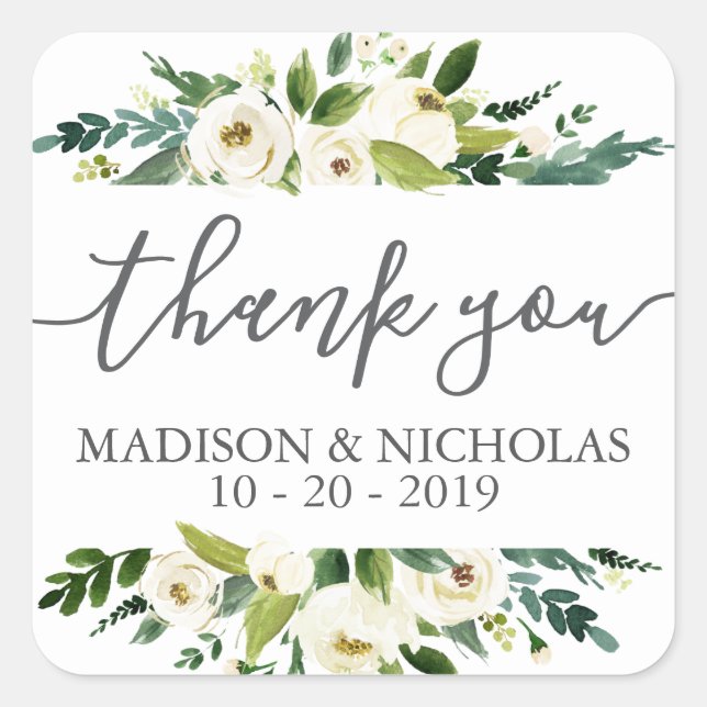 White Flower and Green Wedding Square Stickers (Front)