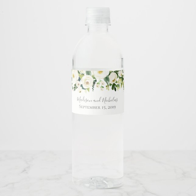 White Flower and Green Wedding Water Bottle Labels (Front)
