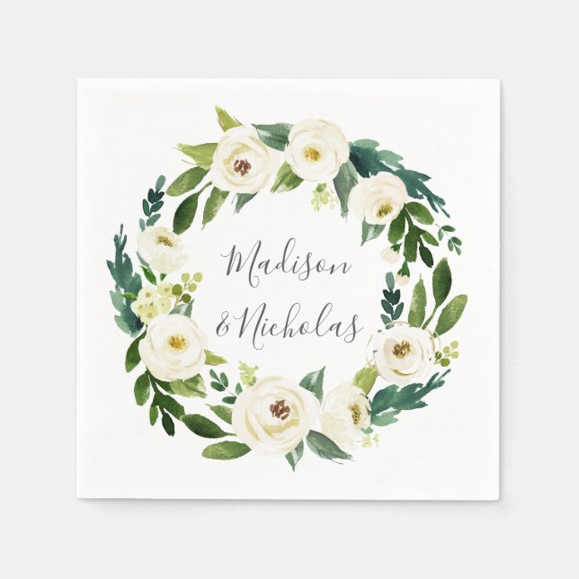 White Flower and Green Wreath Wedding Napkins (Front)