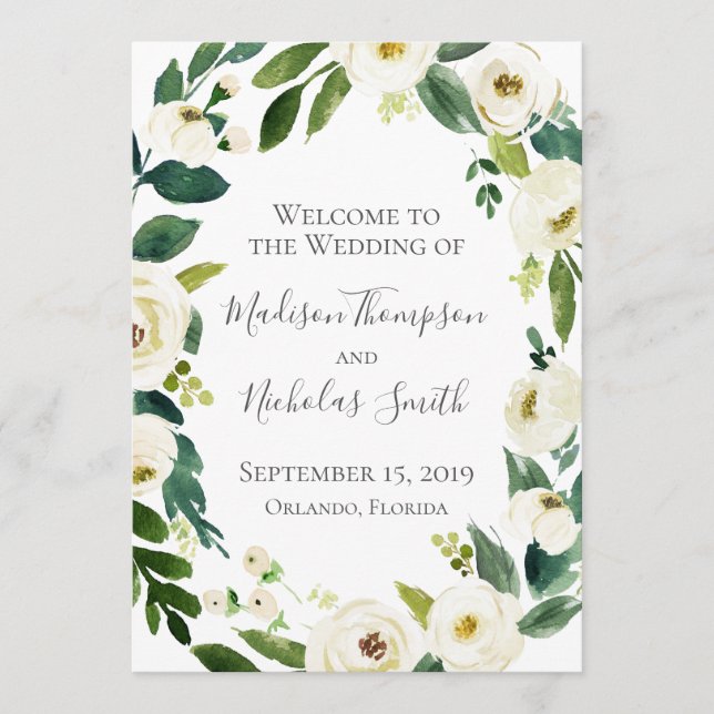 White Flower and Green Wreath Wedding Program Card (Front)