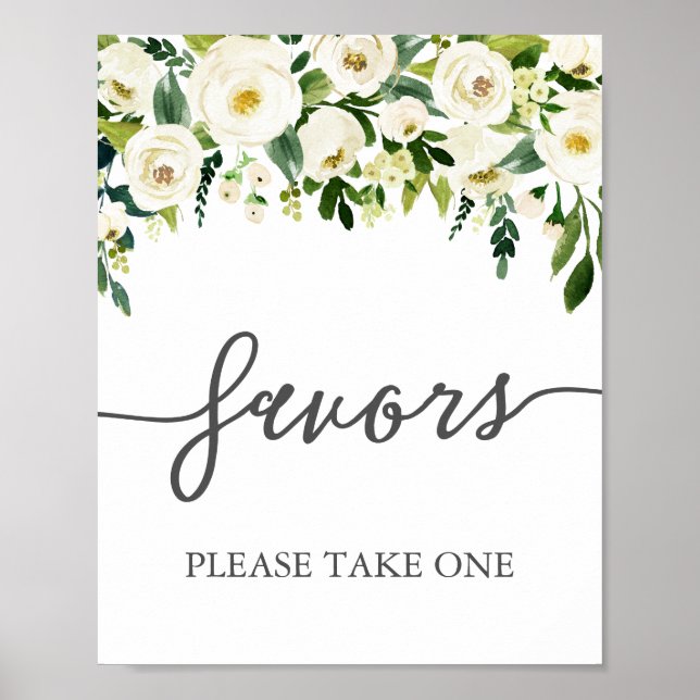 White Flower and Greenery Wedding Favours Sign (Front)