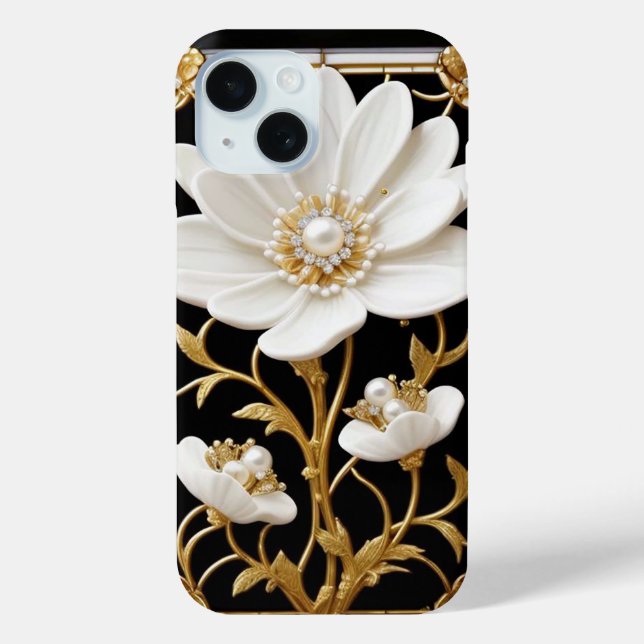 White Flower Artwork with Luxurious Gold Case-Mate iPhone Case (Back)