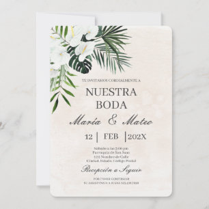 White flower beige Spanish Wedding Invitation