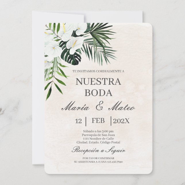 White flower beige Spanish Wedding Invitation (Front)