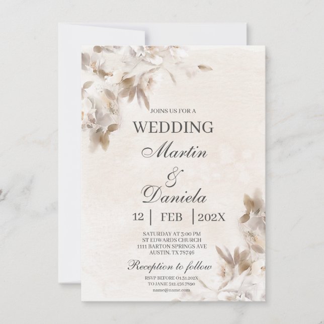 White flower beige Spanish Wedding Invitation (Front)