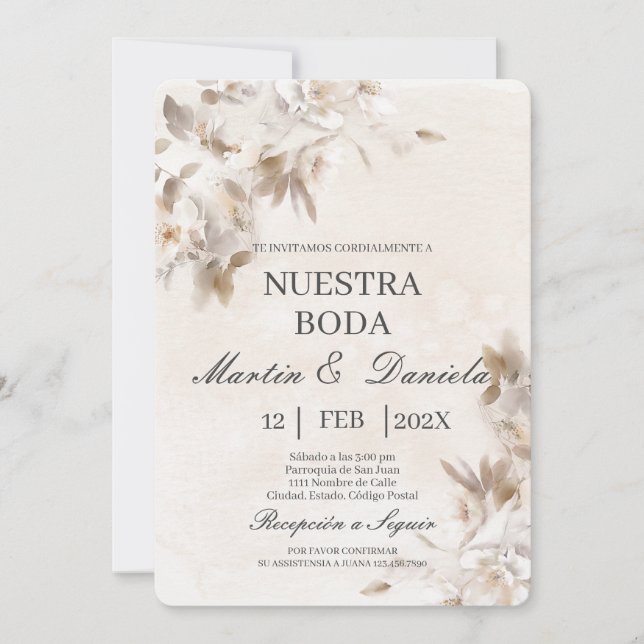 White flower beige Spanish Wedding Invitation (Front)