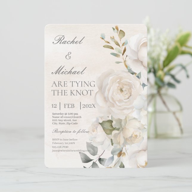 White flower beige Spanish Wedding Invitation (Standing Front)