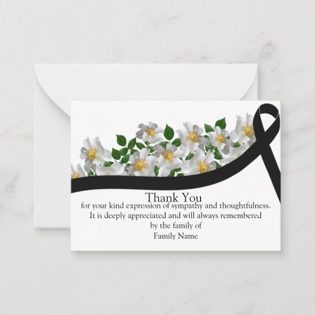 White Flower Black Ribbon After Funeral Thank You Card (Front)