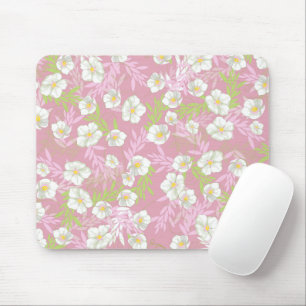 White Flower Blue Background Floral Leaves Pattern Mouse Mat