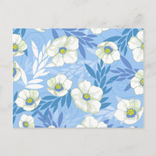 White Flower Blue Background Floral Leaves Pattern Postcard