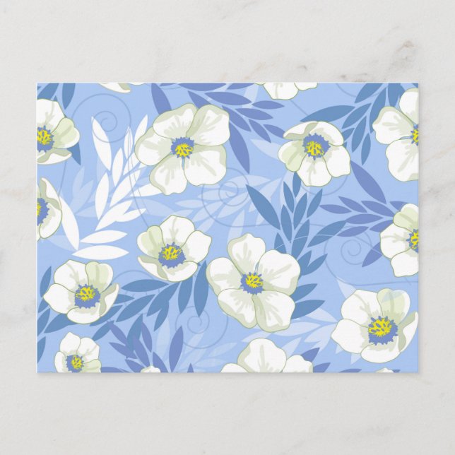 White Flower Blue Background Floral Leaves Pattern Postcard (Front)