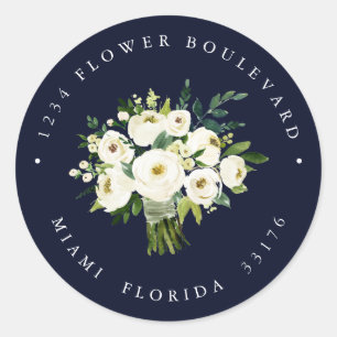 White Flower Blue Bouquet Botanical Return address Classic Round Sticker