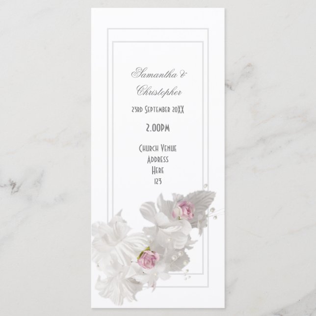 White flower bouquet church wedding program programme (Front)