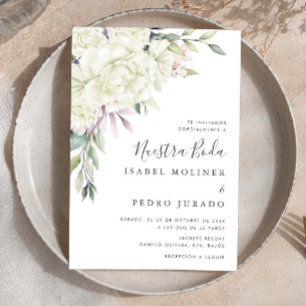 White Flower Bouquet Nuestra Boda Spanish Wedding Invitation