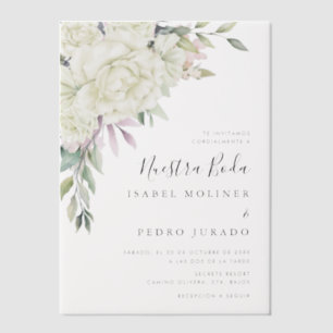 White Flower Bouquet Nuestra Boda Spanish Wedding Vellum Invitations