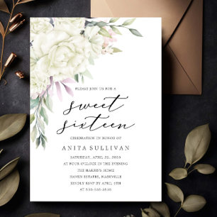 White Flower Bouquet Sweet Sixteen 16 Birthday Invitation