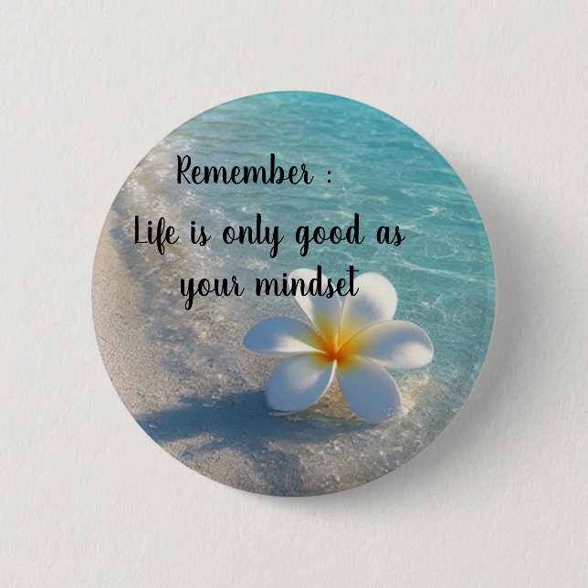 White flower brooch featuring a beach theme  6 cm round badge (Front)