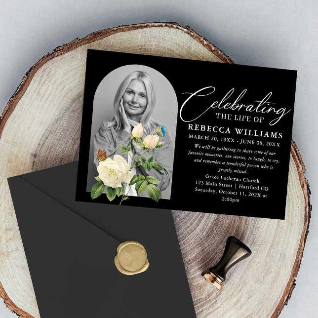 White Flower Calligraphy Celebration of Life Invitation (Creator Uploaded)