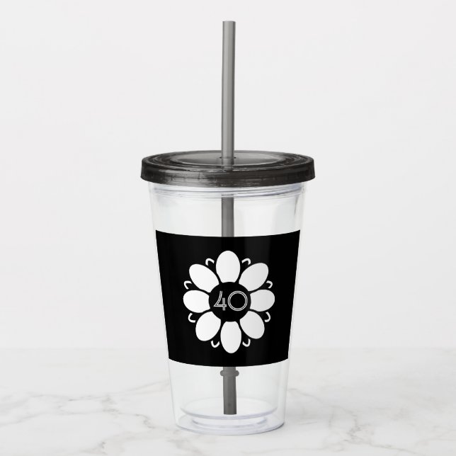 White Flower Design Pattern Birthday 40 Black Acrylic Tumbler (Front)