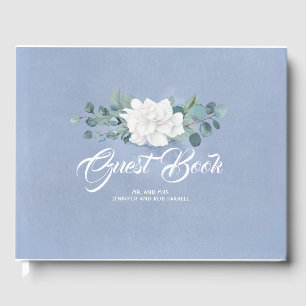 White Flower Dusty Blue Wedding Guest Book