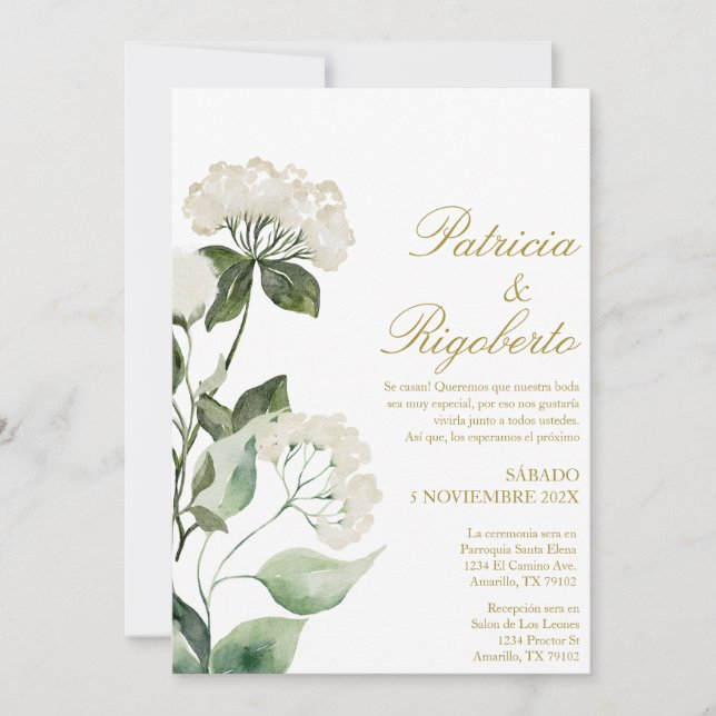 White flower Elegant Wedding Invitation in Spanish (Front)