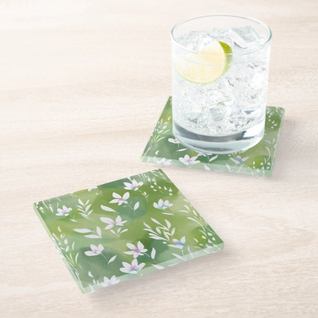 White Flower Fields | Elegant Spring Floral  Glass Coaster (Angled)