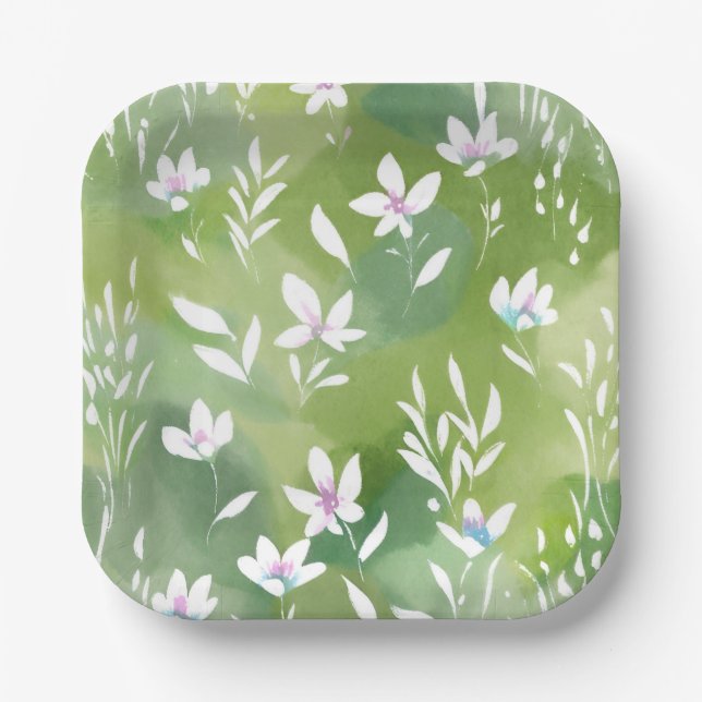 White Flower Fields | Elegant Spring Floral  Paper Plate (Front)